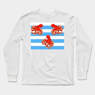 Red octopus on blue stripe Long Sleeve T-Shirt